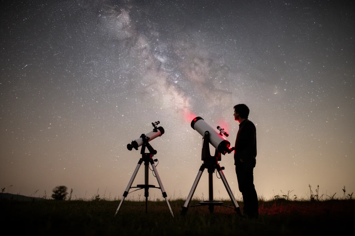 觀星者站在道布森式望遠鏡旁觀賞夜空