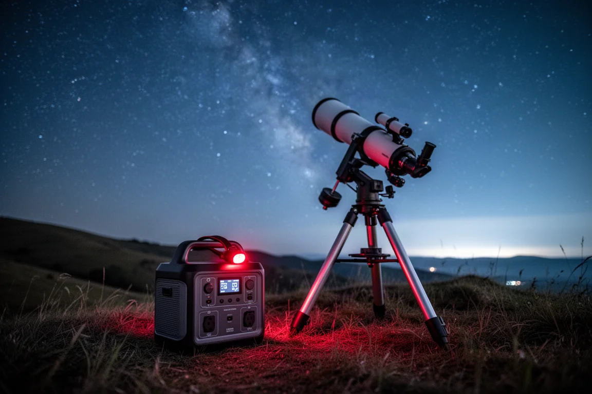 星空下的黑暗山坡上擺放著望遠鏡設備