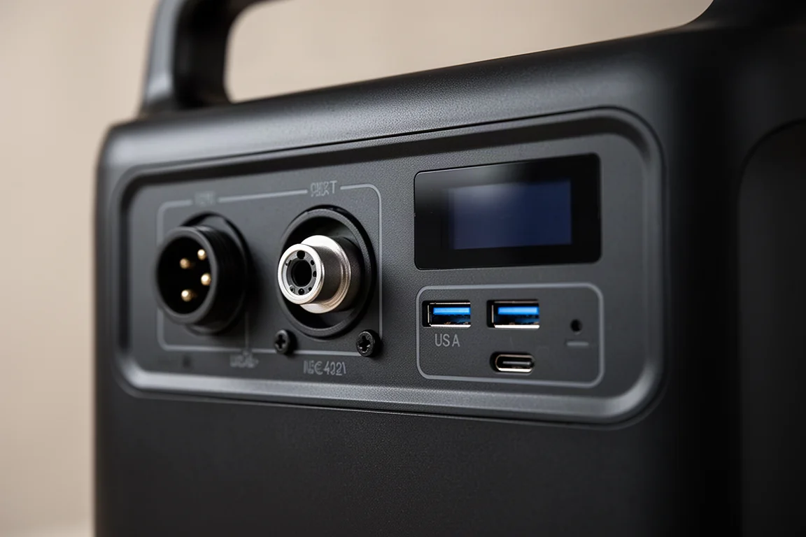 電源站面板上 DC 桶形插座與 USB-C 連接器的特寫