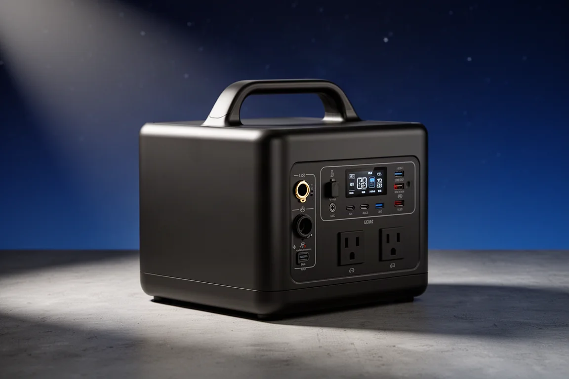 Tragbare schwarze Powerstation mit DC-, AC- und USB-C-Anschlüssen auf dunkler Oberfläche