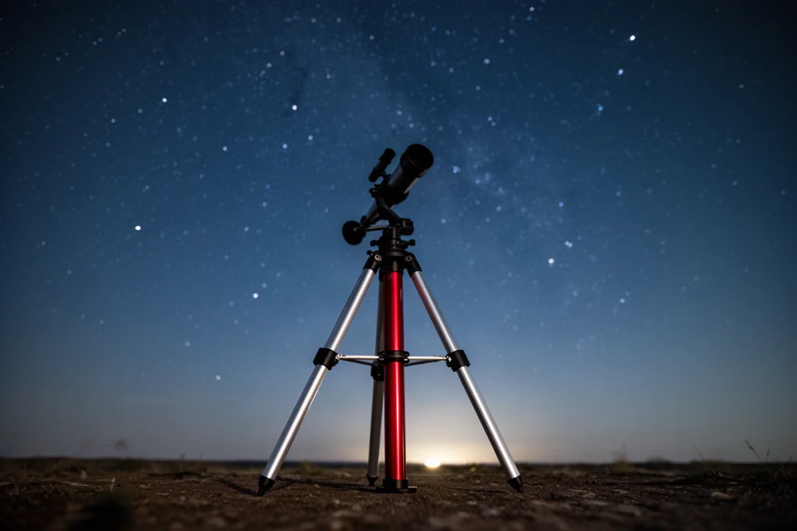 Pilastro portatile per telescopio installato sotto un cielo notturno stellato
