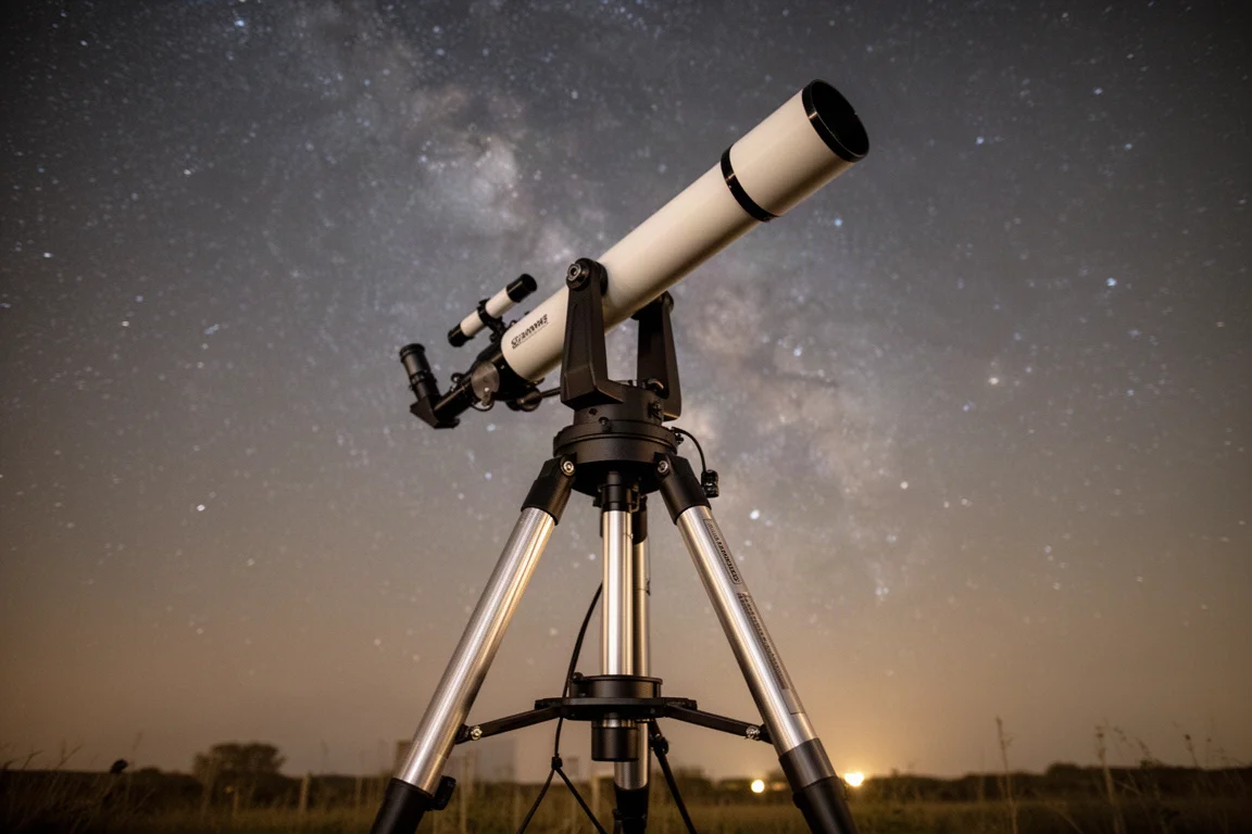 Telescopio rifrattore in inseguimento vicino allo zenit sopra un pilastro portatile di notte