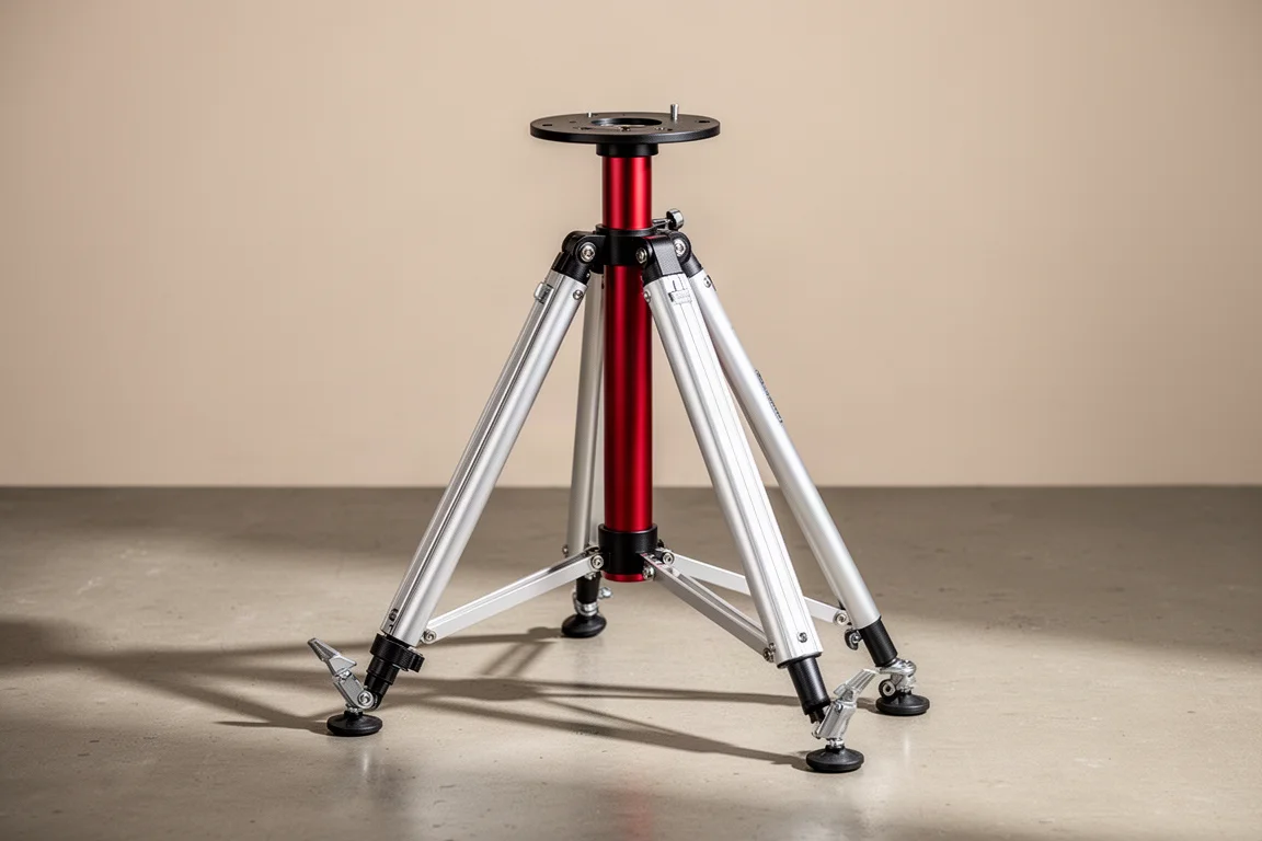 Portable telescope pier with red anodized column and three aluminum legs on concrete