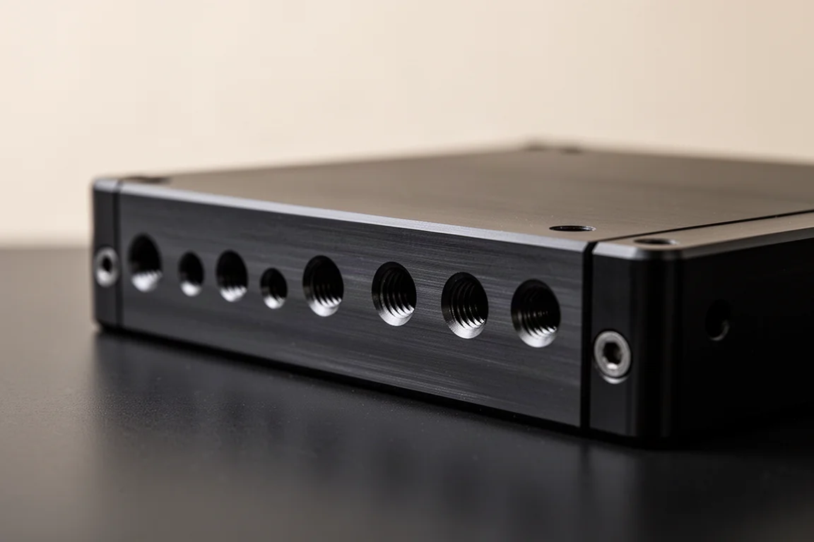 Close-up of CNC-machined aluminium casing with mounting holes