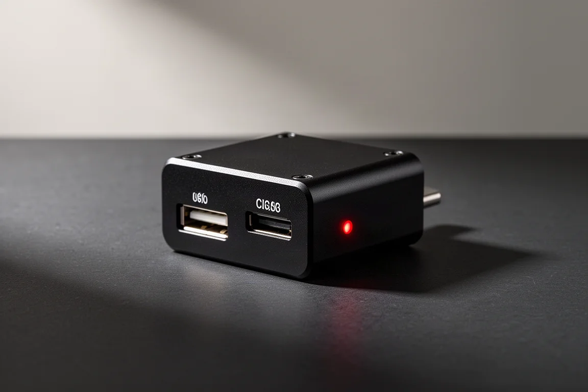 Black machined aluminium USB hub with red indicator light on a dark surface