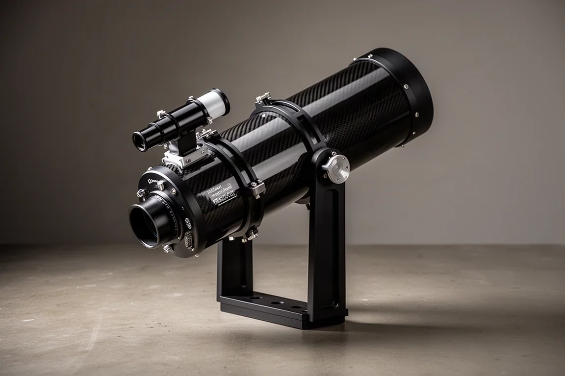 Carbon-Fiber-Tubus eines Imaging-Newtonian-Teleskops auf matter Betonoberfläche