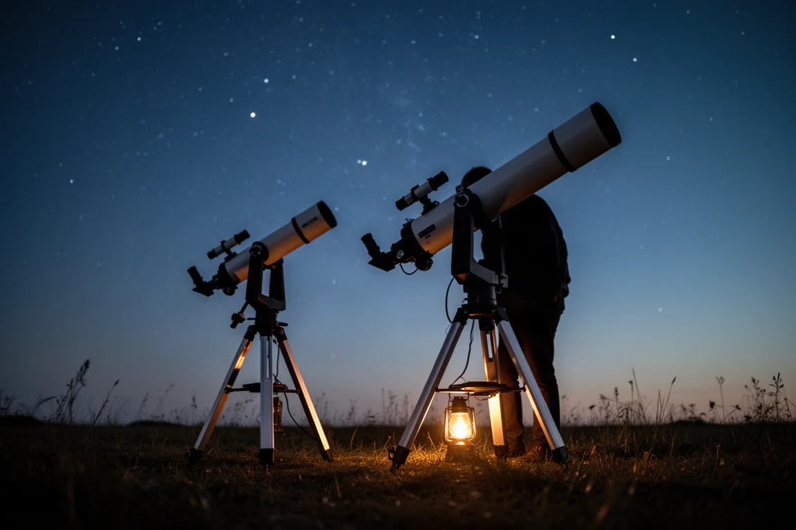 Astronom stellt ein Spiegelteleskop in der Dämmerung bei klarem Himmel ein