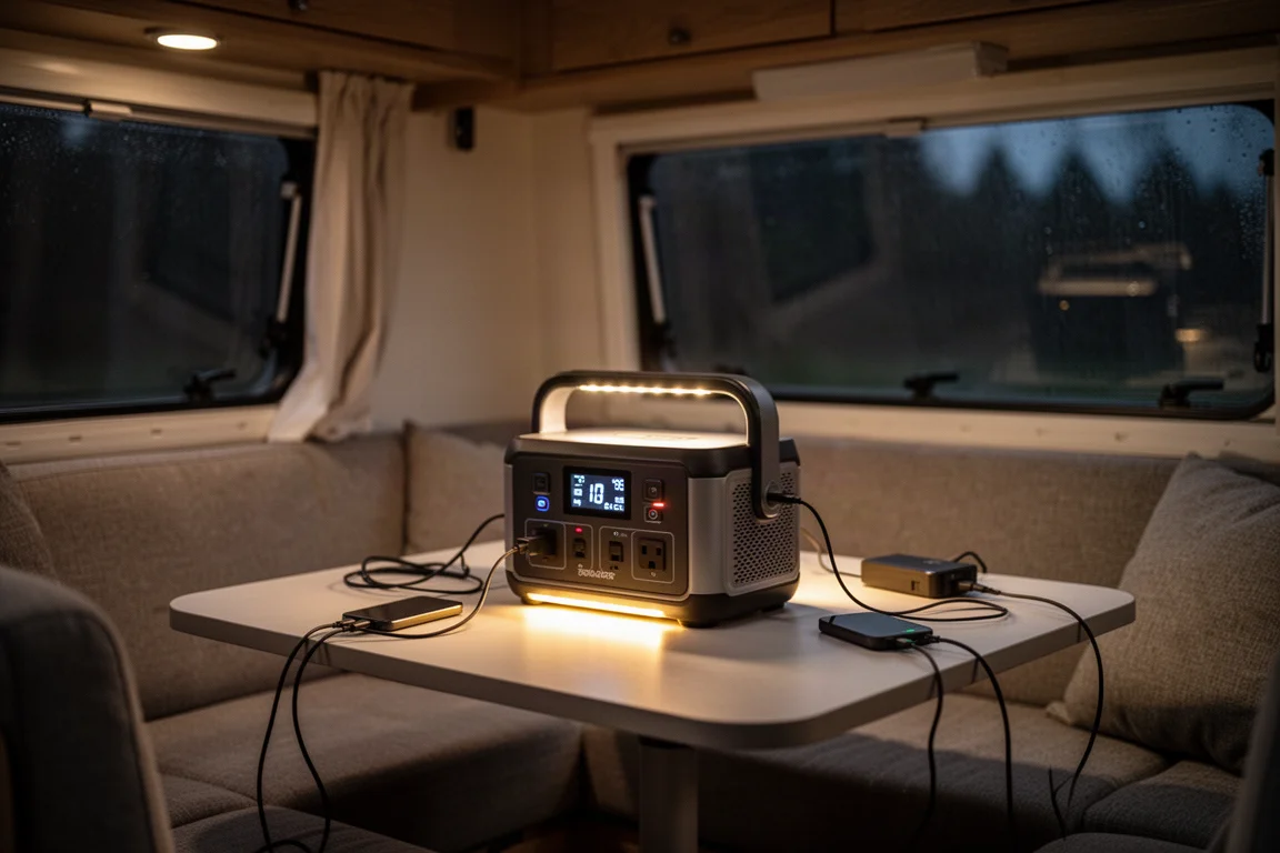 Wohnmobil-Innenraum bei Nacht, beleuchtet von warmem, netzunabhängigem Licht