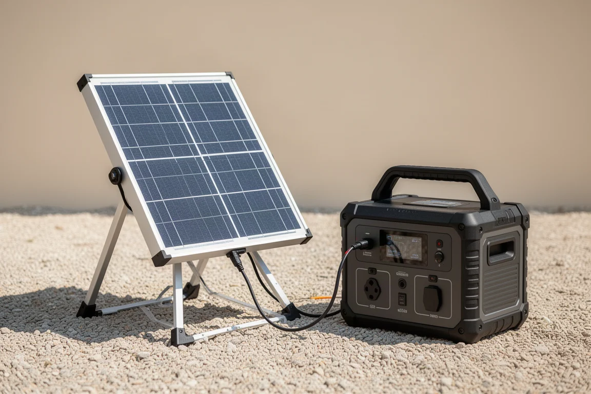 Kleines Solarpanel lädt bei Tageslicht im Freien eine tragbare Powerstation