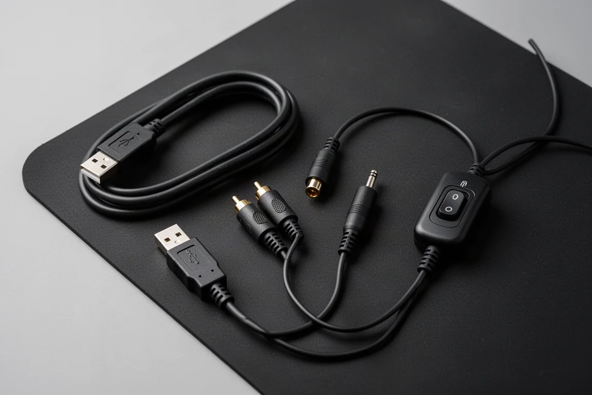 USB-Kabel und Adapterstecker auf dunkler Oberfläche neben einem Teleskop ausgelegt