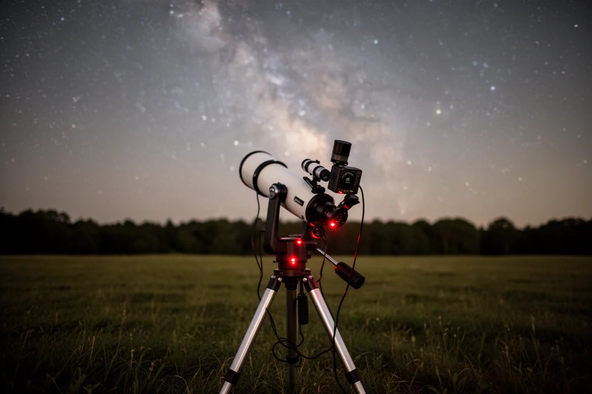 Teleskop- und Kamera-Setup bei einer Astrofotografie-Session draußen in der Nacht