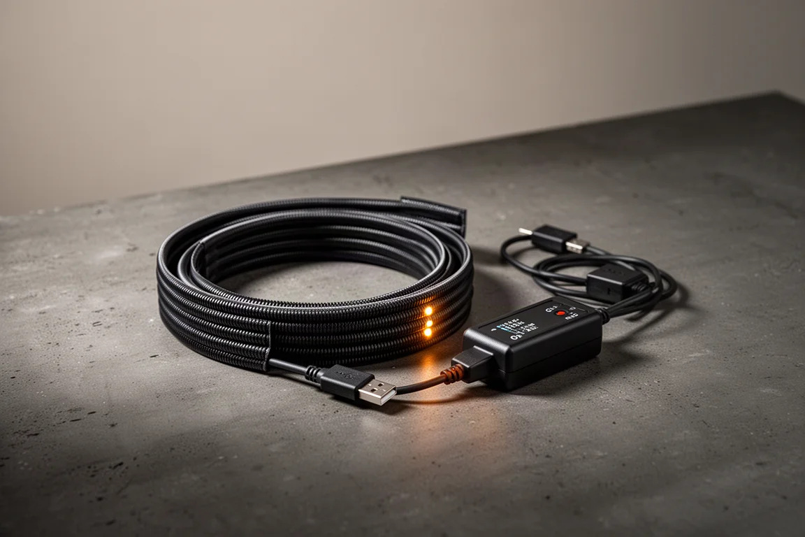 Apertura Premium Dew Strip aufgerollt neben Inline-Controller und USB-Kabel auf grauer Oberfläche