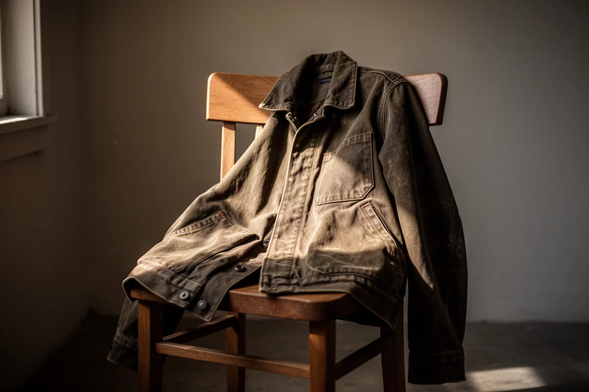 Waxed canvas jacket draped over a chair in a dim room