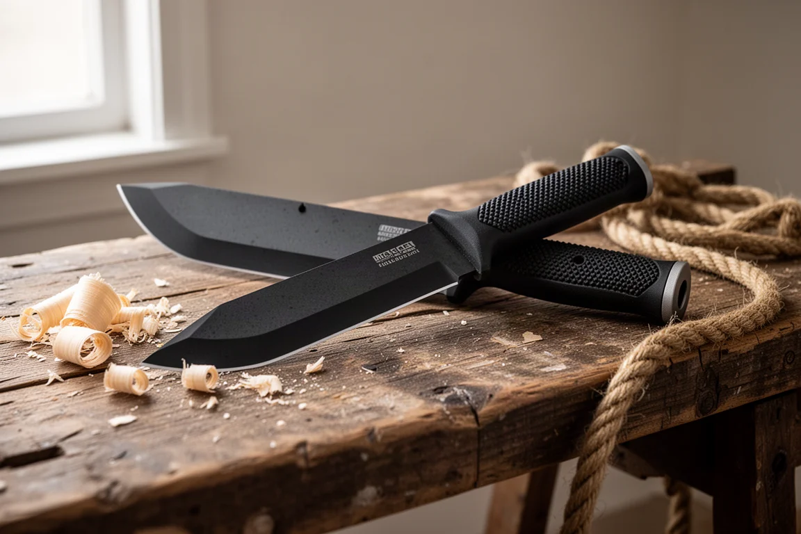 Large fixed-blade tool resting on a wooden workbench