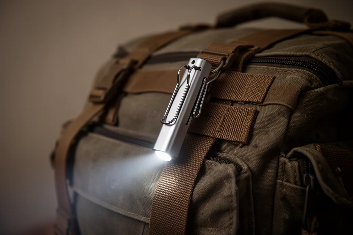 Slim metal flashlight clipped to a bag strap in low light