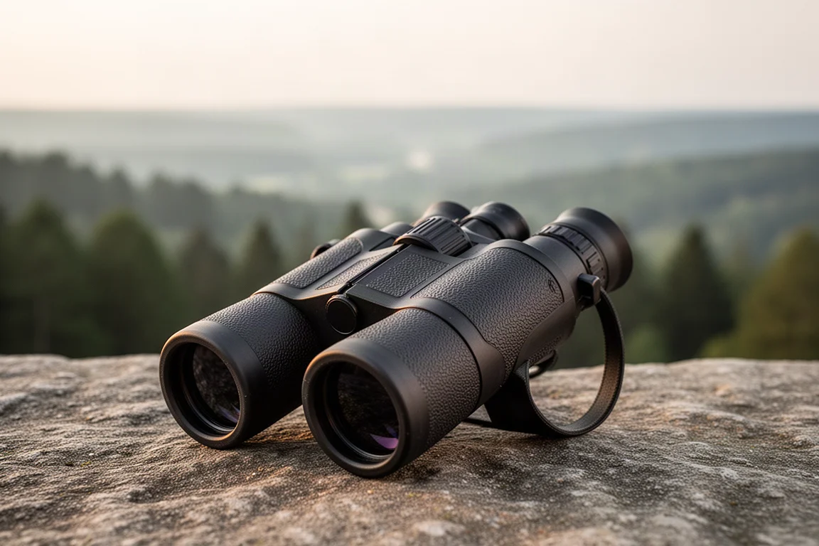 Rubberized binoculars resting on a ledge overlooking a valley