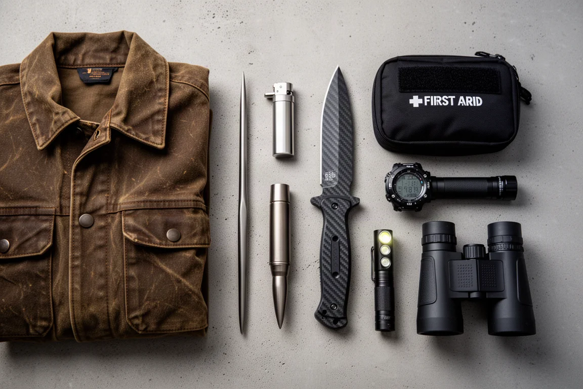 Flat-Lay von Everyday-Carry-Ausrüstung mit Jacke, Messern, Beutel, Uhr, Taschenlampe und Fernglas auf Beton