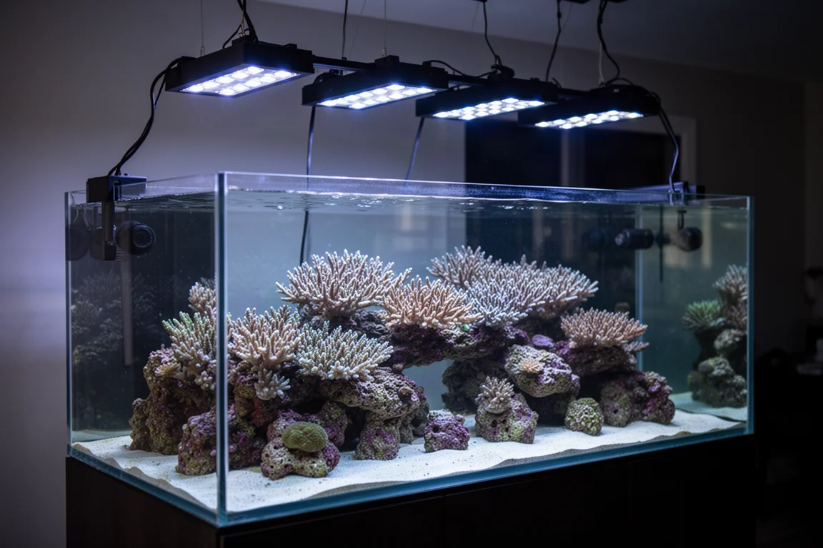 Stort kantlöst revakvarium upplyst av LED-armaturer ovanifrån i ett dunkelt rum