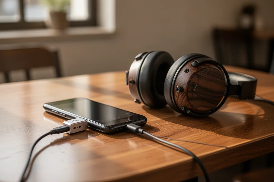 DAC dongle portátil conectado a um smartphone ao lado de fone com conchas de madeira sobre mesa de café