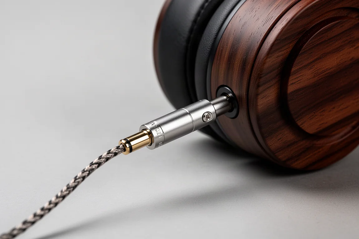 Conector de cabo mini XLR de metal alinhado ao encaixe em uma concha de madeira escura
