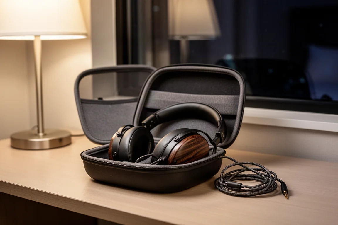 Estojo de viagem para fone aberto em mesa de hotel à noite com fone e cabo enrolado