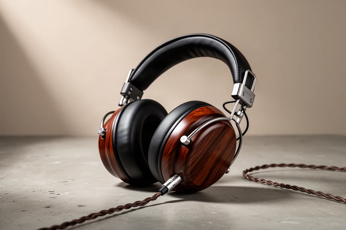 Open-back headphone with glossy dark wood ear cups and padded headband on concrete
