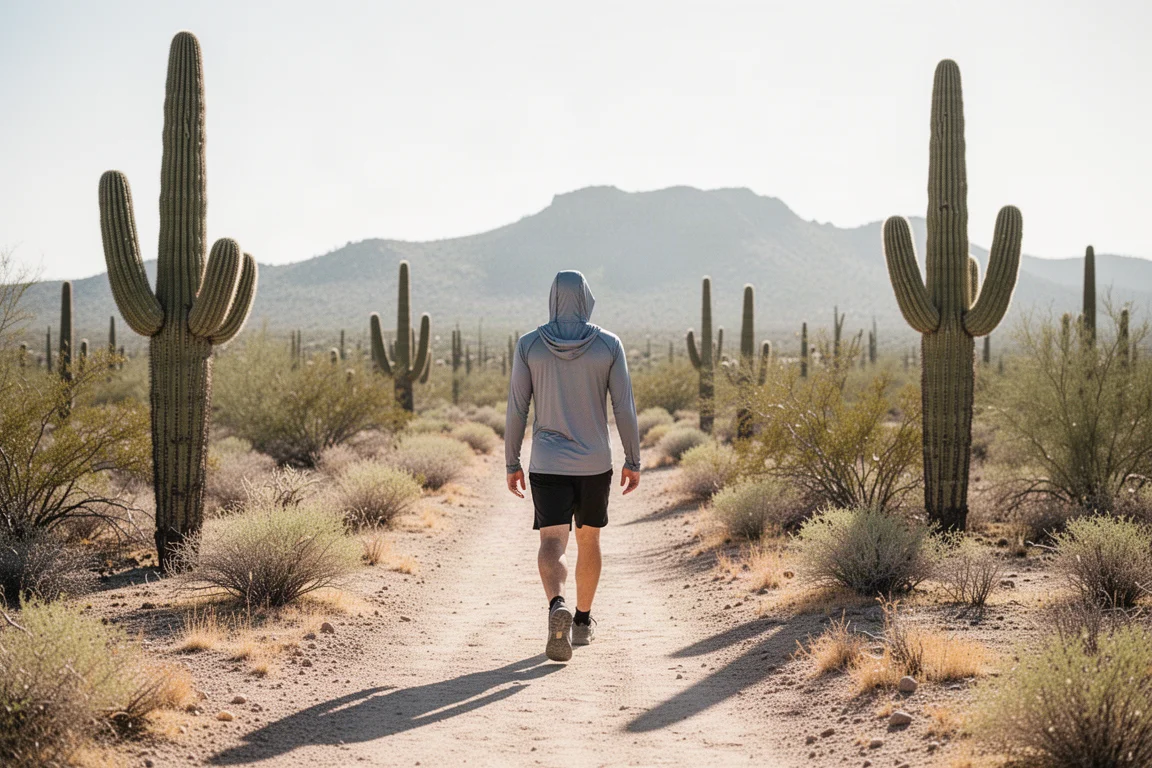 Wanderer von hinten auf staubigem Wüstenpfad bei Sonnenaufgang, umgeben von Saguaro-Kakteen