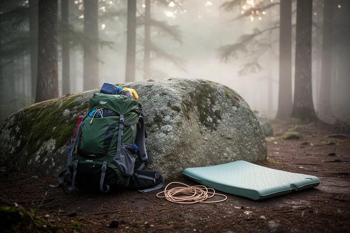 Mochila de senderismo cargada apoyada en una roca cubierta de musgo en un campamento forestal al amanecer