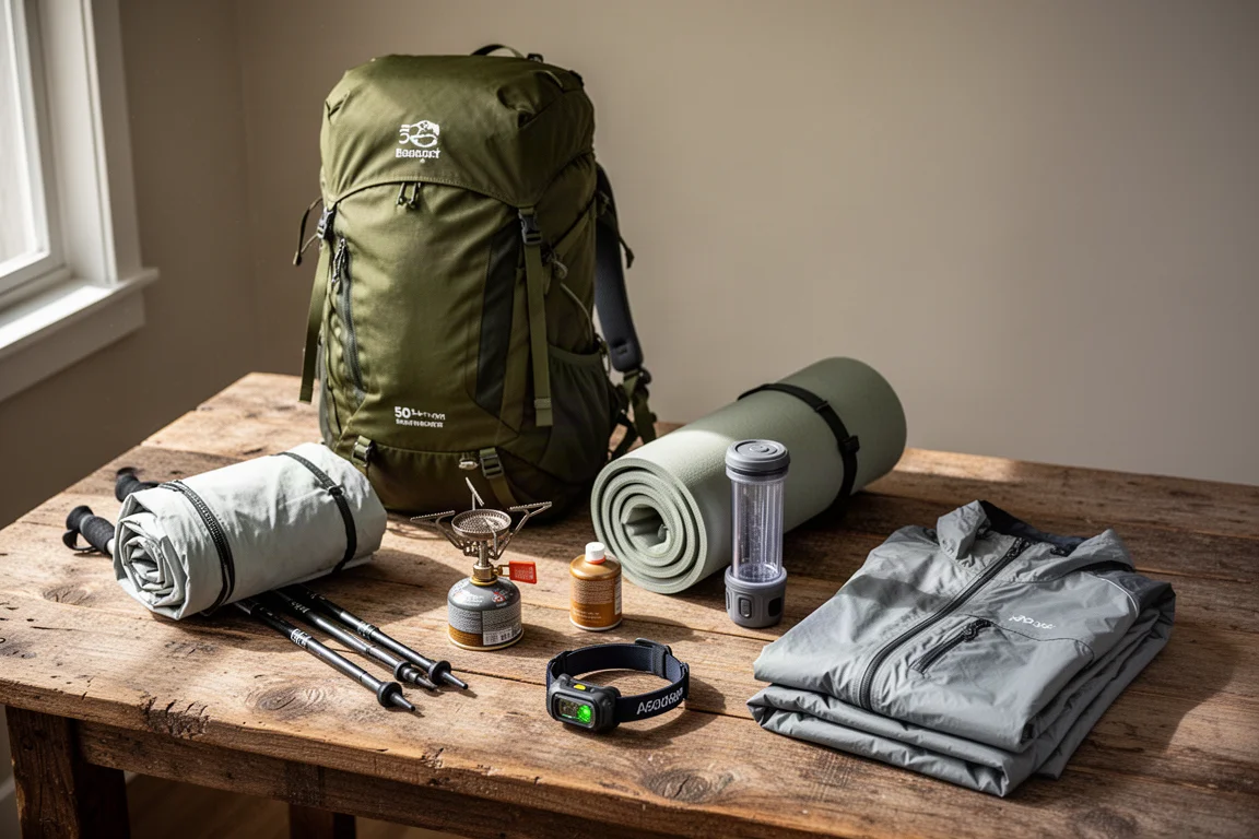 Thru-hiking essentials on a wooden table including a pack, shelter, sleeping pad, stove, filter, headlamp, and rain jacket