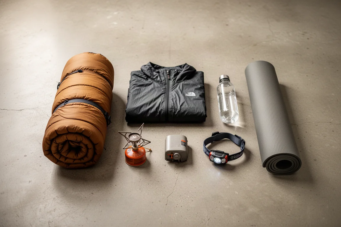 Backpacking gear laid out in rows on a concrete floor for a pack shakedown