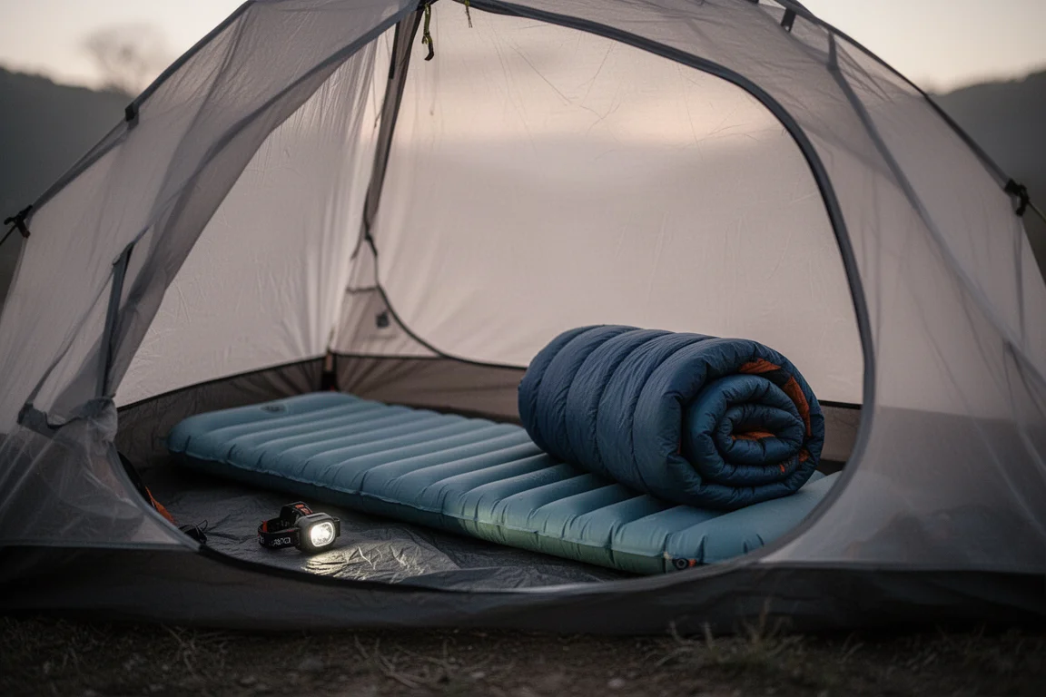 Interior of an ultralight tent at dusk with an inflated sleeping pad and quilt