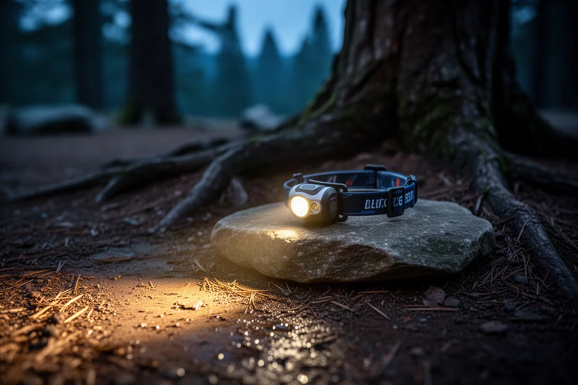 Headlamp on a rock at a campsite casting a beam across damp ground at night