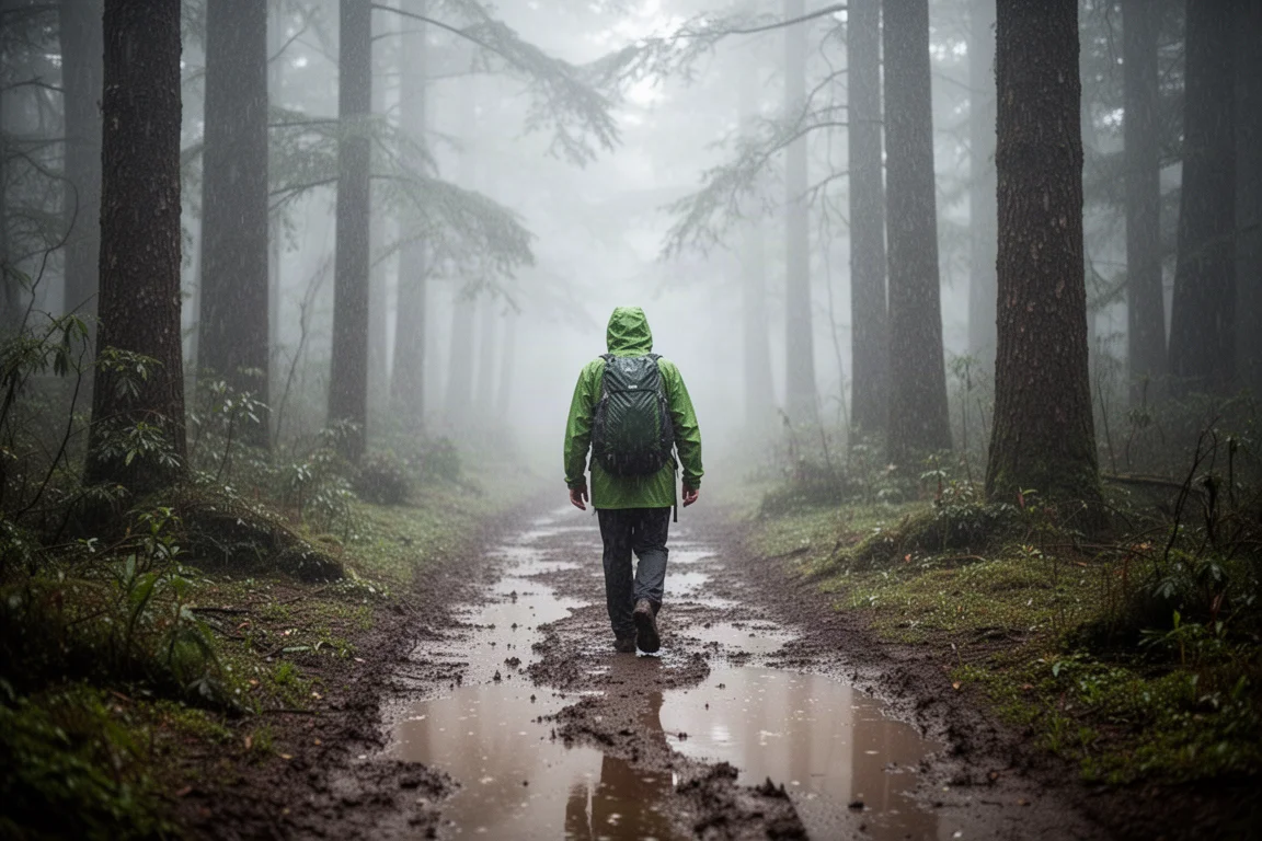 Hiker in lightweight rain gear walking a misty forest trail in the rain