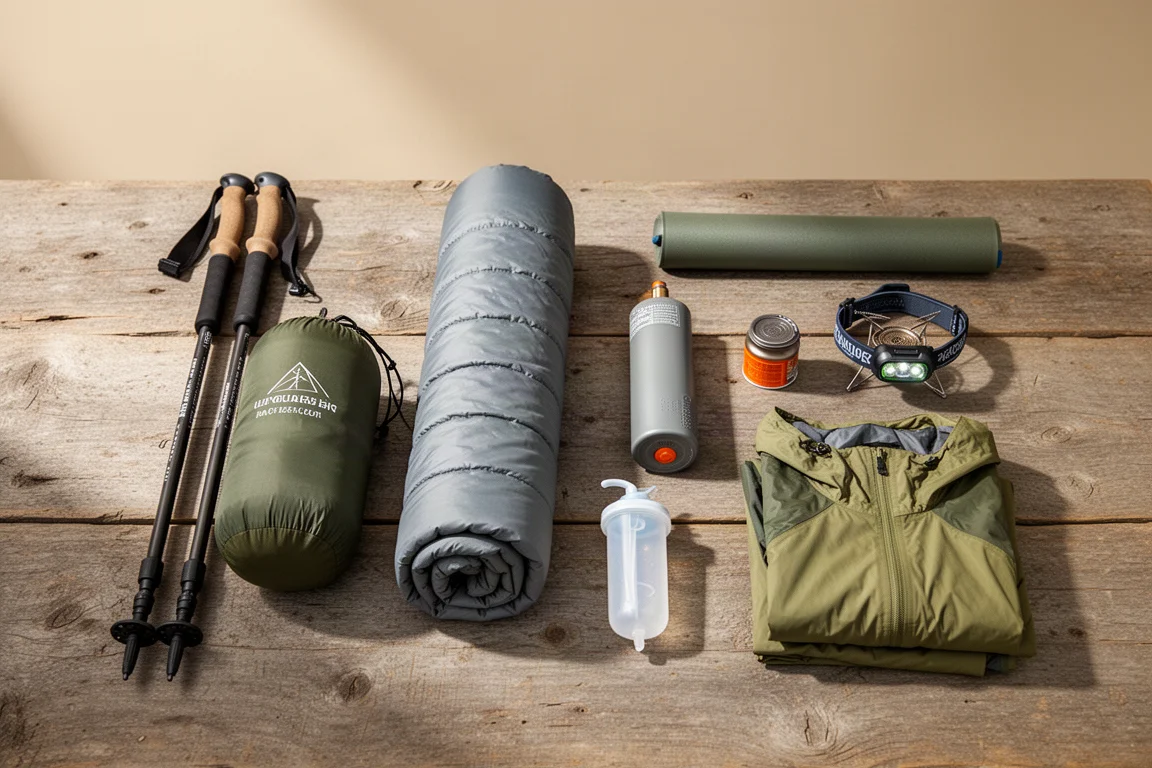 Ultralight Appalachian Trail backpacking gear arranged on a weathered wooden surface