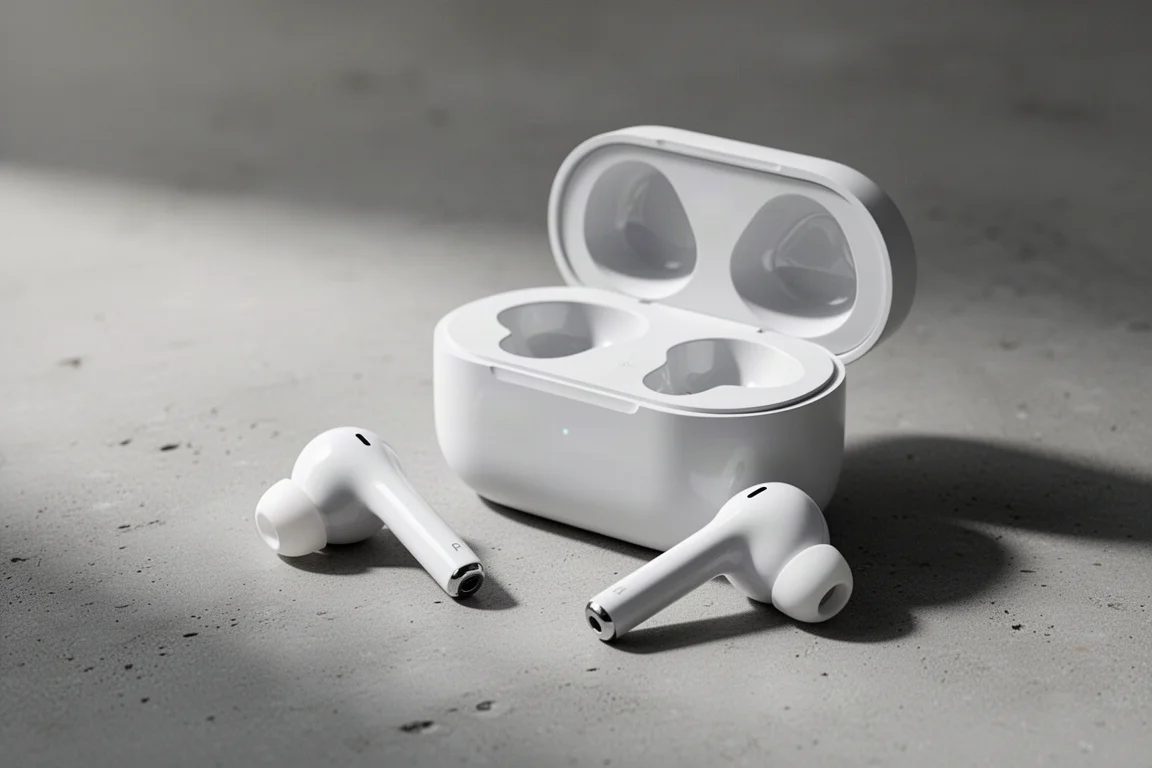 White open-fit wireless earbuds beside their open charging case on concrete