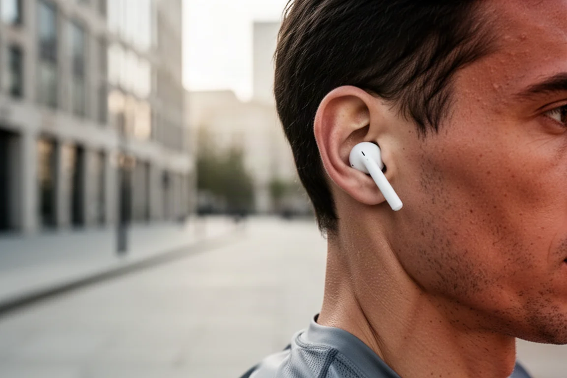 Runner adjusting a wireless earbud on a quiet city street in morning light