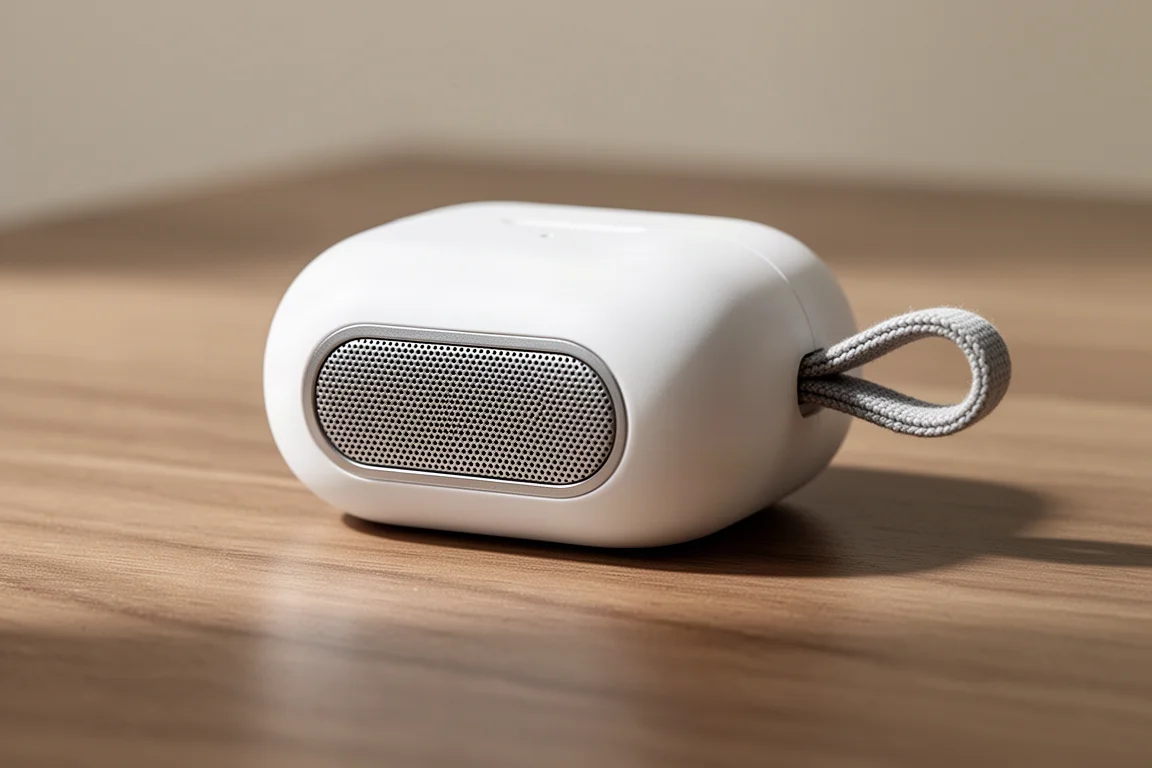 Close-up of a charging case speaker grille and lanyard loop on a wooden desk
