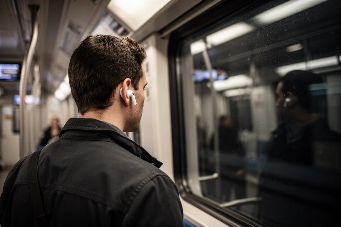 Commuter wearing white earbuds on a busy underground train
