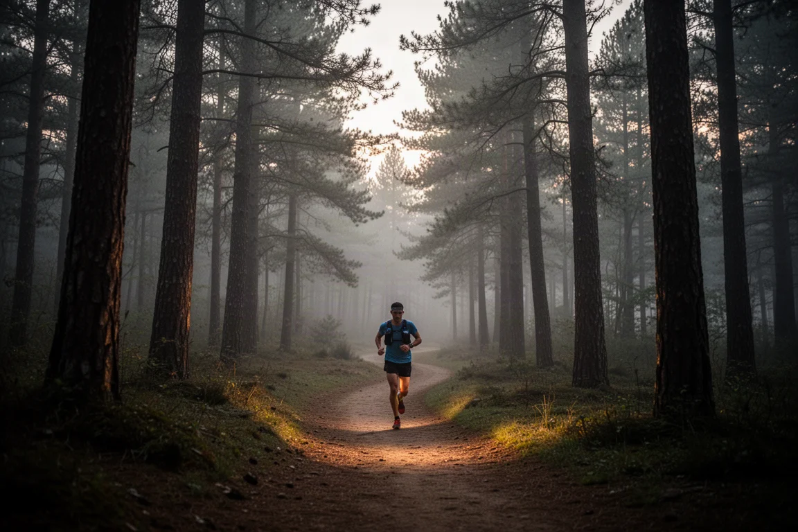 Trailable runner on a forest path at dusk wearing wireless earbuds