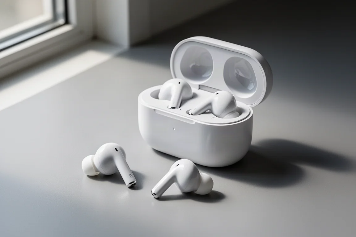 White wireless earbuds with stems beside an open white charging case