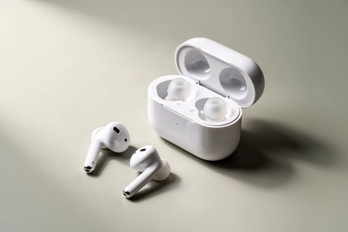 White wireless earbuds beside an open charging case on a pale grey surface
