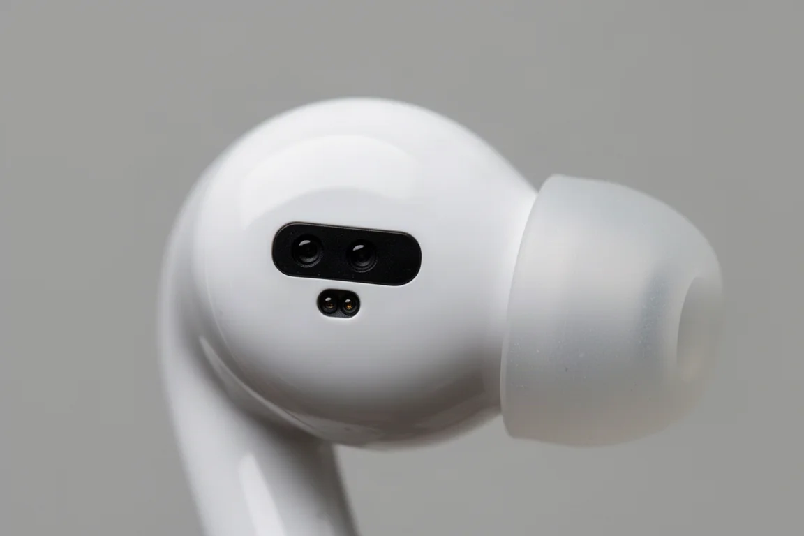Close-up of the black infrared heart rate sensor on the inner side of a white earbud