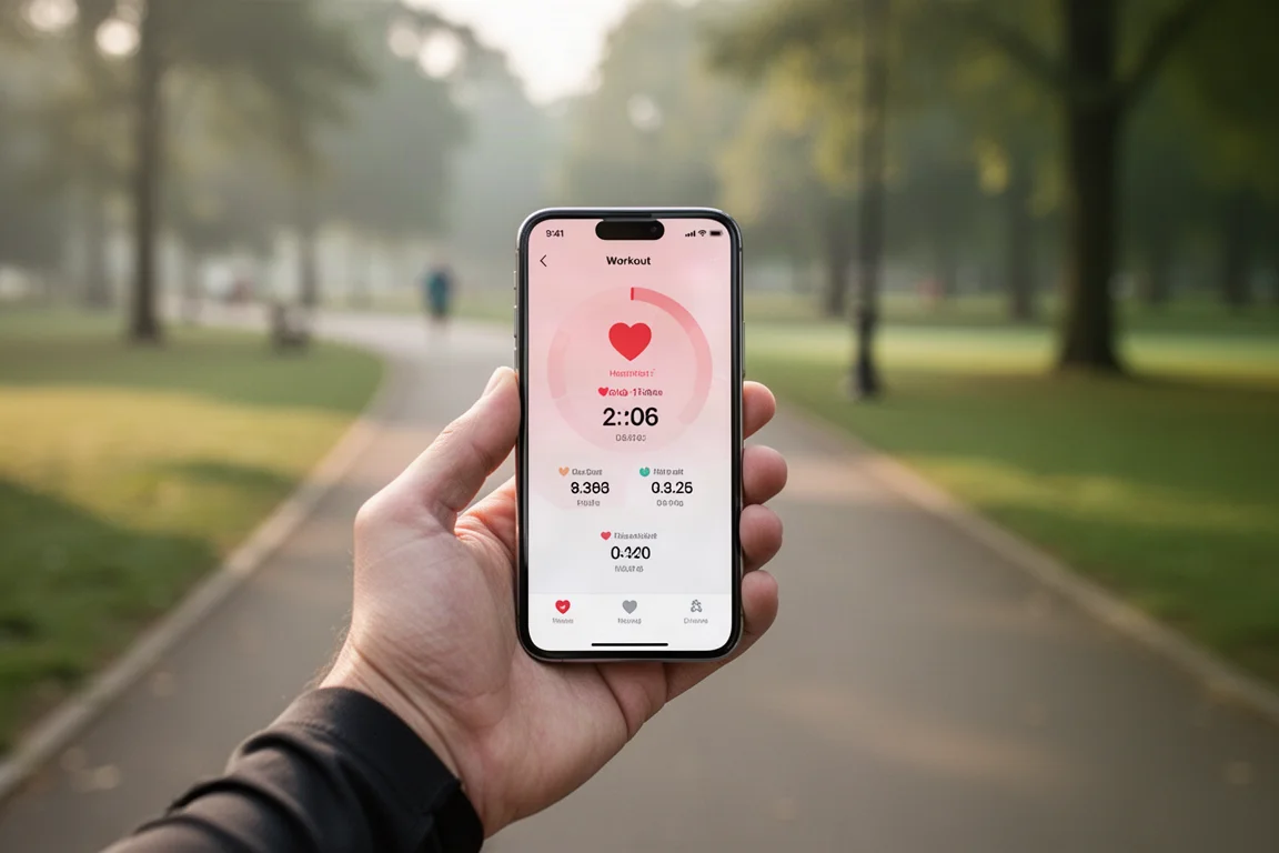 Runner checking workout stats on a phone screen during an outdoor run
