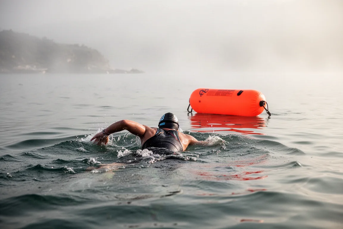 Swimmer in open water with a brightly colored safety buoy floating behind