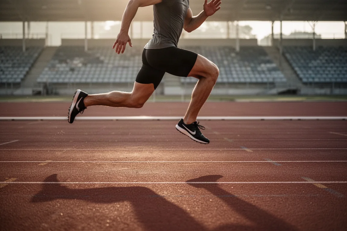 Athlete running intervals on an outdoor athletics track at dawn