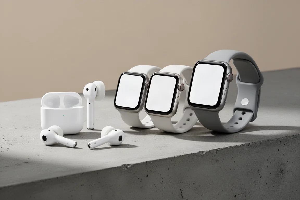 Apple AirPods Pro 3 and three Apple Watch models arranged on a concrete surface