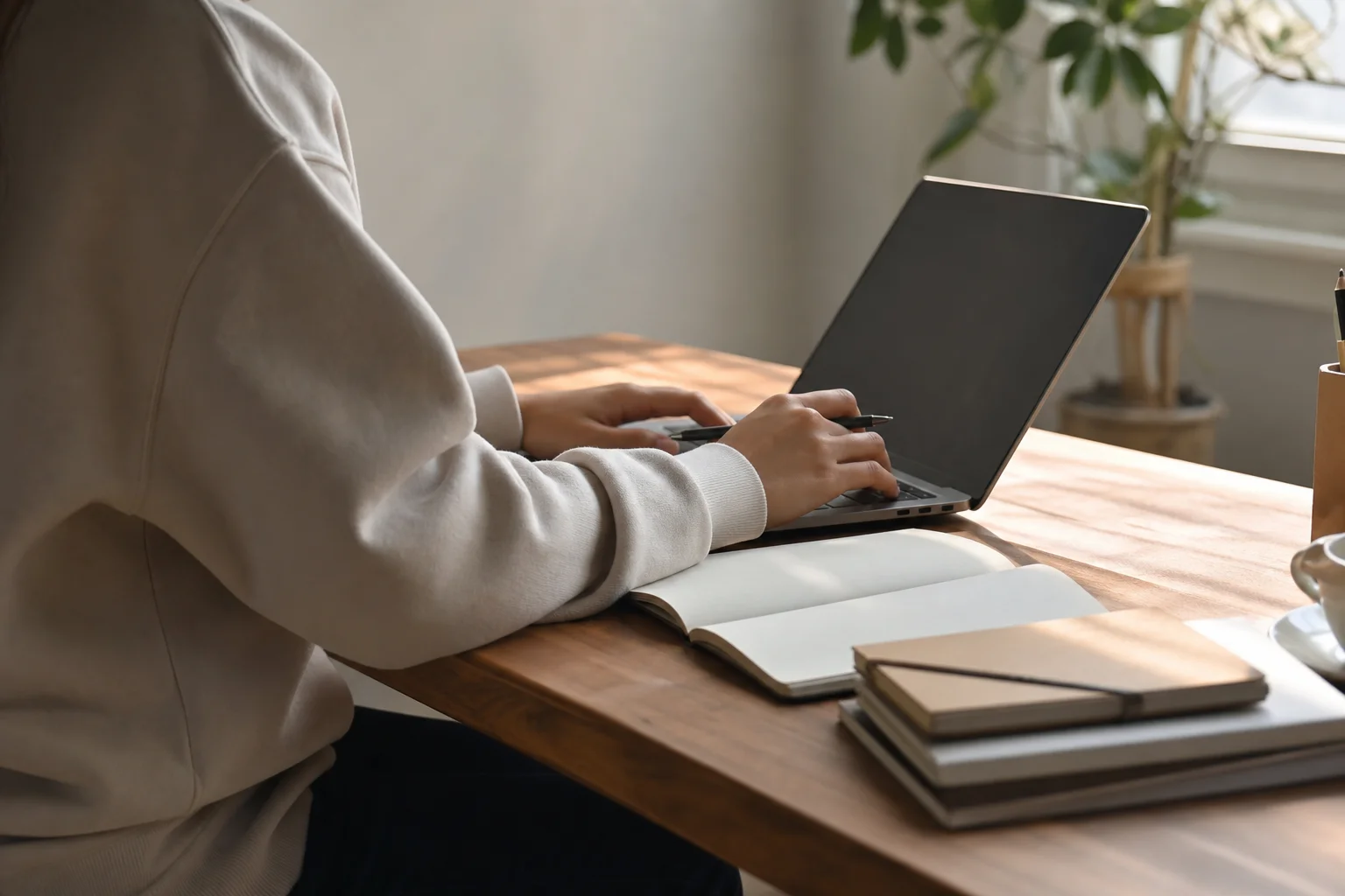 Student working at desk with laptop and notebooks in natural daylight