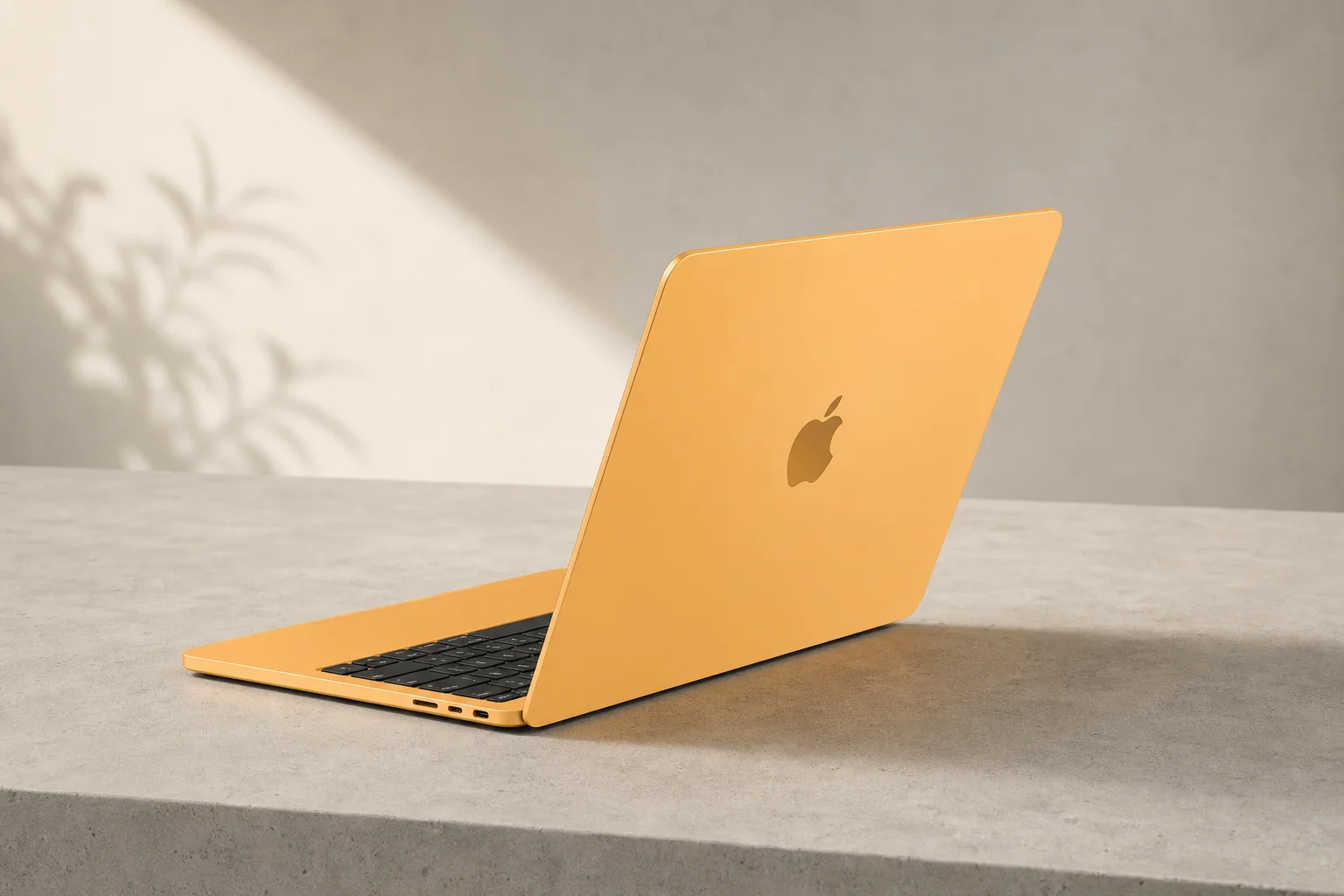 Apple MacBook Neo in citrus color on concrete surface with lid open