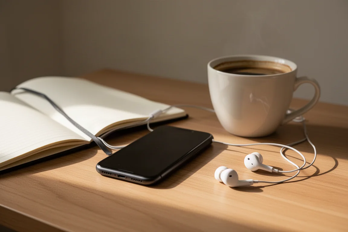 Smartphone, notebook, tazza di caffè e auricolari su una scrivania di legno nella luce del mattino