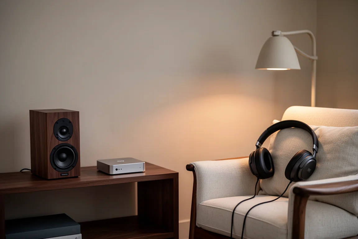 Angolo d'ascolto in soggiorno con speaker compatto, streamer e cuffie al crepuscolo